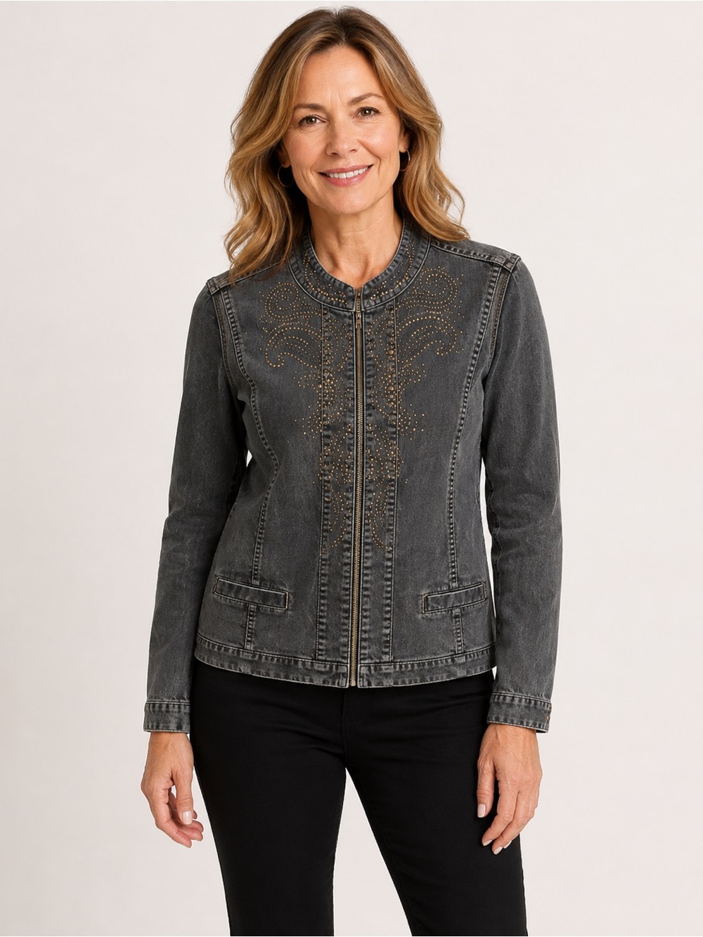 Chico's Washed Black Denim Jacket with Stud Detail Cotton Distressed Sz XL